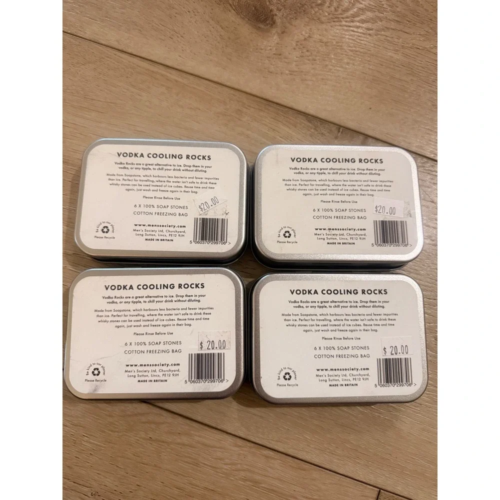 Men's Society Vodka Rocks (Set of 4) Tins 6 Soapstones & Cotton Freezing Bag New